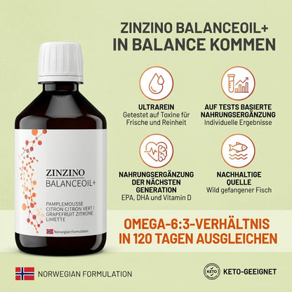 ZinZino BalanceOil+ Fischöl mit Omega-3 2478 mg, Omega-9, Vitamin D3 100ml / 300ml