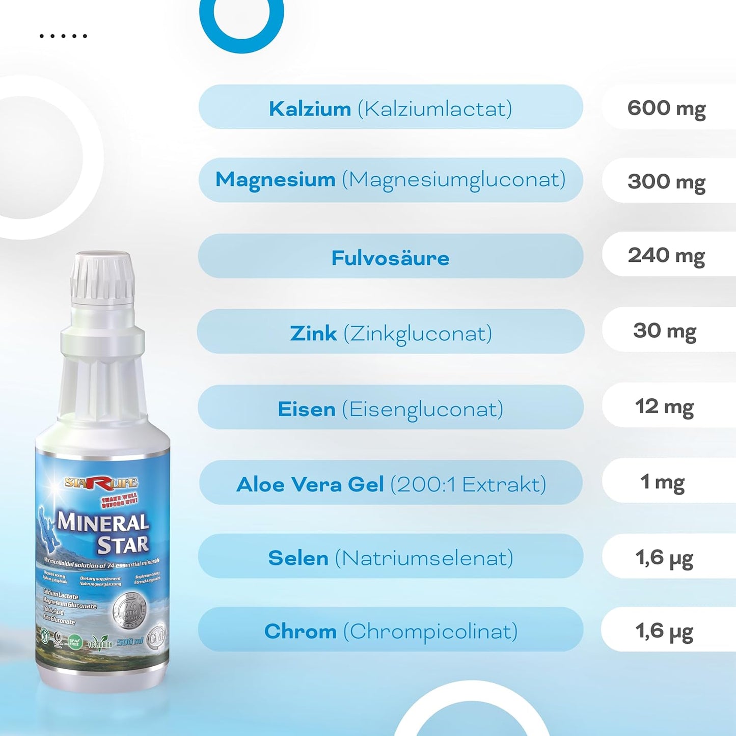Starlife MINERAL STAR – Ionisierte Mikrokanallösung mit basischen Mineralien & Spurenelementen 500 ml