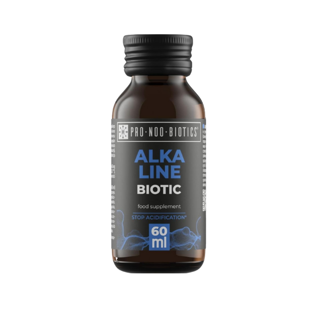 Braunglasflasche „Alkaline Biotic“ – Nahrungsergänzung zur Regulierung des Säure-Basen-Haushalts und gegen Übersäuerung.