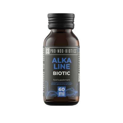 Braunglasflasche „Alkaline Biotic“ – Nahrungsergänzung zur Regulierung des Säure-Basen-Haushalts und gegen Übersäuerung.