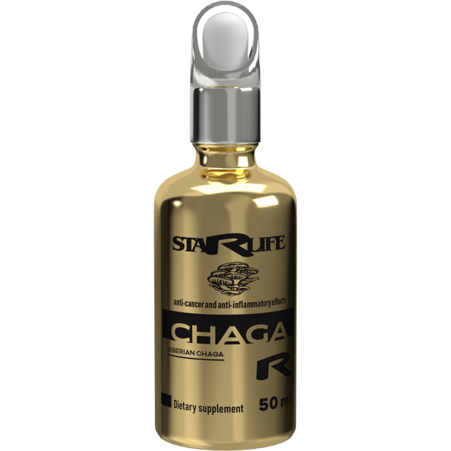  Goldfarbene Flasche „Chaga R“ von StarLife – Nahrungsergänzung mit sibirischem Chaga zur Unterstützung von Immunsystem und Entzündungshemmung.