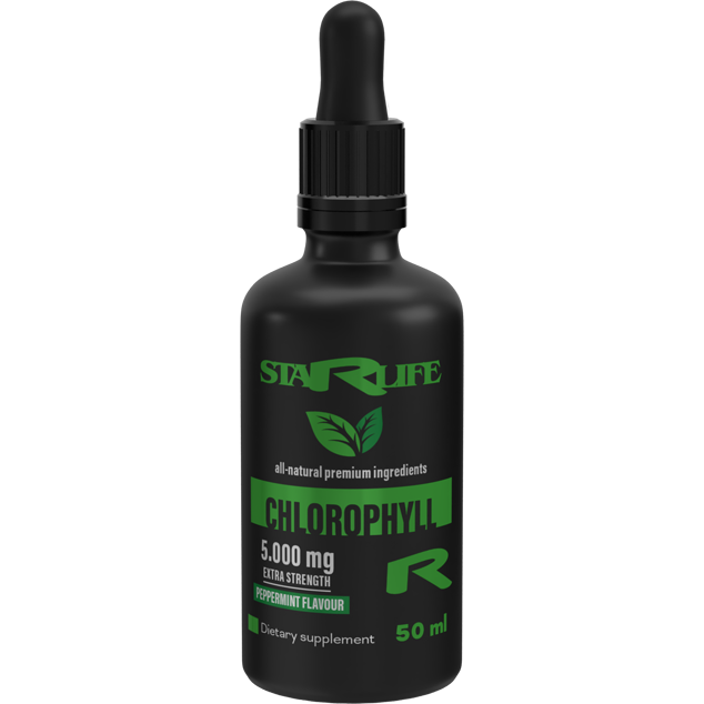Schwarze Flasche „Chlorophyll R“ mit 5.000 mg und Pfefferminzgeschmack – natürliche Unterstützung für Entgiftung und Energie.