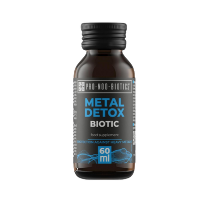 Braunglasflasche „Metal Detox Biotic“ – Nahrungsergänzung zur Unterstützung der Ausleitung von Schwermetallen.