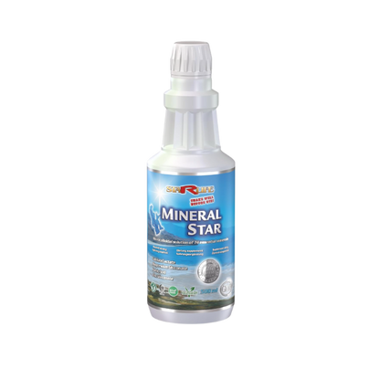 Weiße Flasche „Mineral Star“ von StarLife – Flüssigsupplement mit 74 Mineralien und Spurenelementen für optimale Zellfunktion