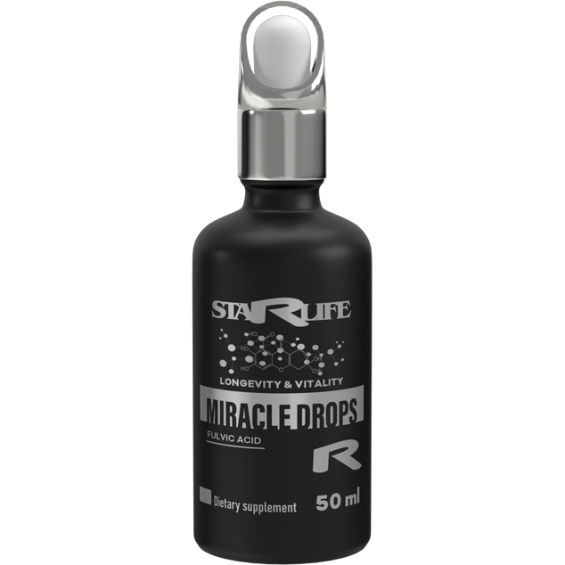 Schwarze Flasche „Miracle Drops R“ mit Fulvinsäure von StarLife – zur Förderung von Vitalität und Langlebigkeit.
