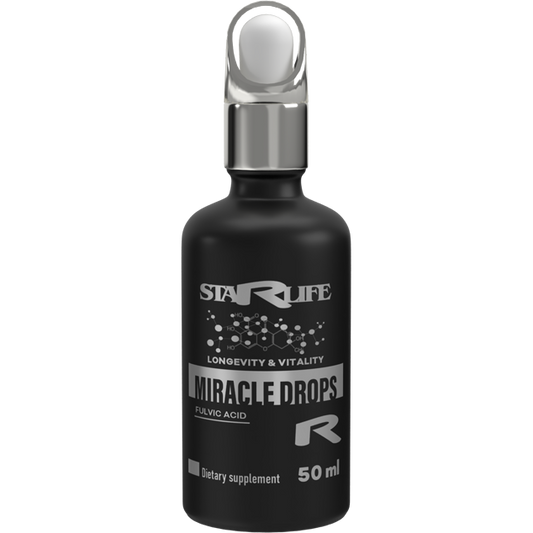 Schwarze Flasche „Miracle Drops R“ mit Fulvinsäure von StarLife – zur Förderung von Vitalität und Langlebigkeit.