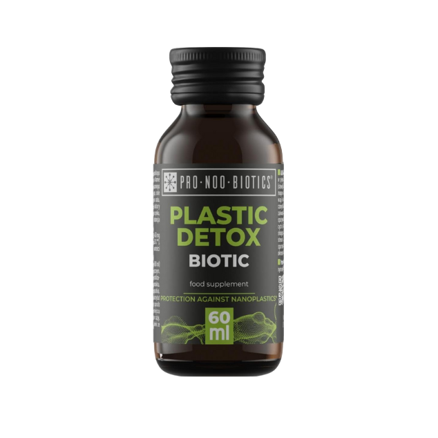 Braunglasflasche „Plastic Detox Biotic“ – Nahrungsergänzung zum Schutz vor Mikro- und Nanoplastik im Körper.