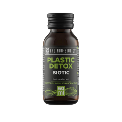 Braunglasflasche „Plastic Detox Biotic“ – Nahrungsergänzung zum Schutz vor Mikro- und Nanoplastik im Körper.