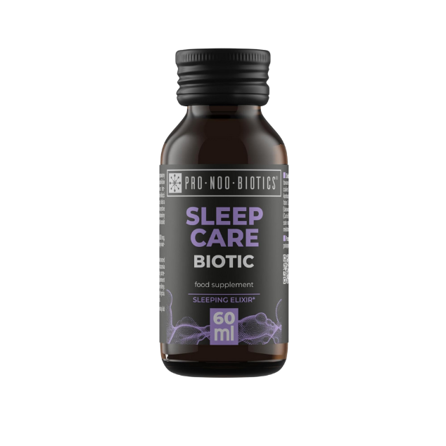 Braunglasflasche „Sleep Care Biotic“ – natürliches Schlafelixier zur Unterstützung eines erholsamen Schlafs.